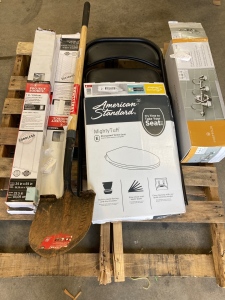 Pallet of Assorted Home Goods: Blinds, 3-light Vanity Fitter, Shovel, Folding Chair