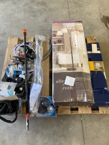 Pallet of Various Home Goods: Hoses, Floor Lamp, Blinds, faucet, light bulbs, clamp, plus more