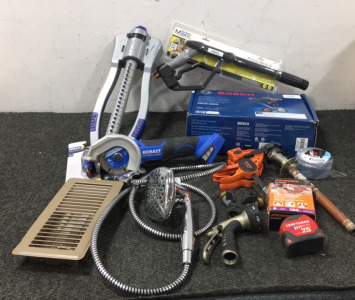 Kobalt 4” Saw, (2) Jorgensen Clamps, Bosch Drill, Pressure Washer Gun, Oscillating Sprinkler, Craftsman Tape Measure, Shower Head, Vent, Tote