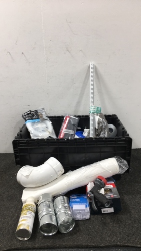 Tote of Various Pipes, Doorknobs, Paint, Hose Head, and More