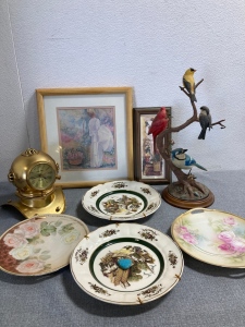 Collectable Plates, Framed Pictures, Decorative Bird Display, Diving Helmet Clock