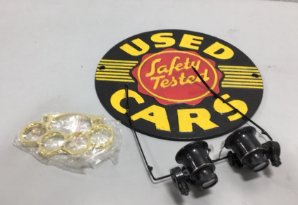 Cast Iron Sign, Magnifier Watch Repair Glasses W/ LED lights, Brass paper weight w/ belt buckle attachment