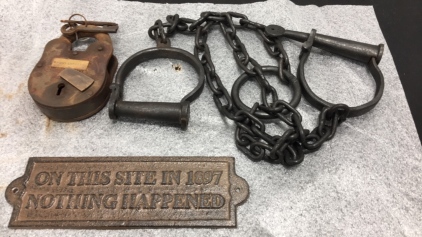 Vintage Pony Express Lock W/ Keys- Steel Leg Irons and Cast Iron Sign
