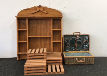 Wooden Display Wall Shelf, Picnic Basket And Potted Plant Display