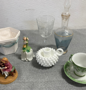 Figurines, Tea Cup and Saucer, Wine Glass, Decanter, Decorative Bowl