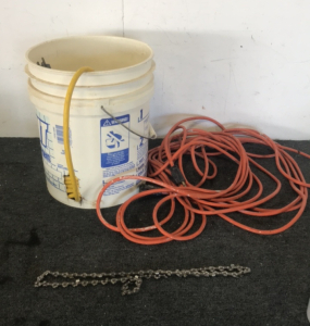 (1) Yellow 100’ Extension Cord (1) 50’ Orange Extension Cord (1) 5-Gallon Bucket (1) Chainsaw Chain 16”