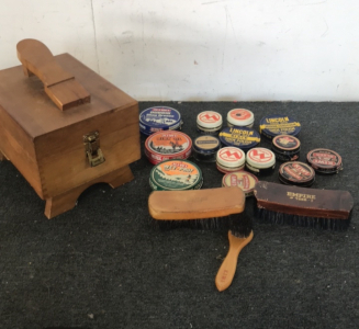 (1) Wooden Shoe Shine Box (3) Shoe Shine Brushes (14) Cans Of Shoe Shine