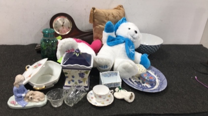 (2) Holiday Bears, (10) Pieces of Glassware, (1) Clock