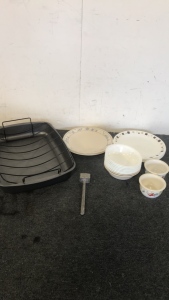 (10) Corelle Dinner Plates (9) Corelle Soup Bowls (2) Corelle Stoneware Dipping Sauce Cups (1) Large Roaster pan With Rack. (1) Meat Tenderizer