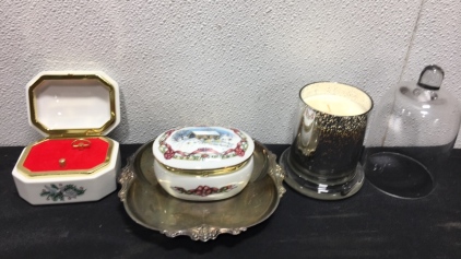 (2) Porcelain Music Boxes, Glass Candle Holder and More