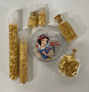 (6) Small Jars Of Gold Flake/ Leaf Gold and “Snow White” Collectible Coin