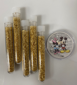 (5) Jars of Gold Flake/ Leaf Gold and “ Mickey & Minnie” Collectible Coin