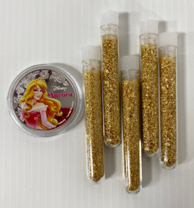 (5) Jars of Gold Flake/ Leaf Gold and “Aurora” Collectible Coin