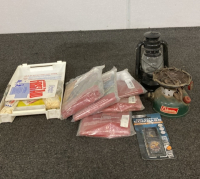 Assorted Camping Gear Including First Aid Kit, Thermal Blankets, And Lamps