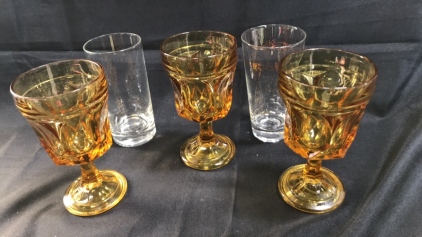 (3) Anchor Hocking Fairfield Amber Wine Glasses, (2) Drinking Glasses