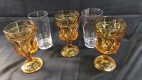 (3) Anchor Hocking Fairfield Amber Wine Glasses, (2) Drinking Glasses