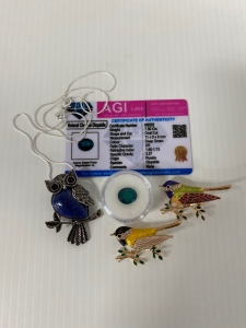 (2) Bird Pins, Owl Necklace and Chrome Diopside Deep Green Gemstone