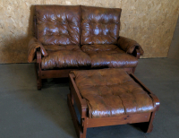 Wood Frame Leather Love Seat & Ottoman