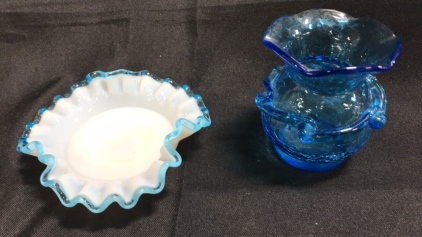 Vintage Fenton Auqa Crest Ruffled Bonbon Dish And Blue Crackle Artglass Vase