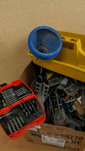 Box of Screwdrivers, Metal Cutters, More