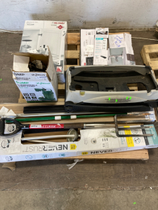 Pallet of Various Home Goods: Flooring, Pitch Fork, Curtain Rods, Sump Pump, Rev-a-shelf, Faucet, Surge Protector, Plus More