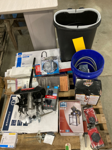 Pallet of Blinds, Lighting Fixture, Rototiller Attachment, Foam Cannon, Bucket, Trash Cans, Bathtub Handle, Plus More