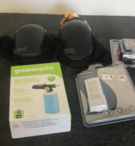 (1) Pair Of Toughbuilt Knee pads (1) Master Lock Lock Box (1) Universal Ceiling Fan Remote (1) Greenworls High Pressure Soap Applicator