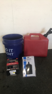 (1) Lowes 5-Gallon Bucket (1) 5-Gallon Gas Can (1) Kwikset Front Door Kit (1) Outdoor Heavy Duty 24-Hour Timer