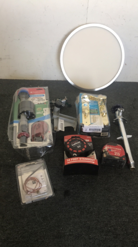 (2) Tape Measurers (1) Fluidmaster Fill Valve Kit (1) 24” Thermocouple (1) Water Spiket (1) Yard Sprinkler (2) Led Ceiling Mount Light