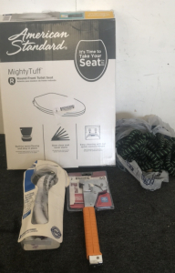 (1) Arrow Hammer Stapler (1) 50&rsquo; No Kink Garden Hose (1) Project Source Handheld Shower Head (1) American Standard Toilrt Seat