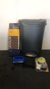 (1) Kobalt 40v Battery Charger (1) Set Of Levelor 2” Faux Wood Blinds (1) Rubbermaid Trash Can (1) Aeroflex Trimmer Upgrade Kit