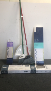 (1) Style Selections Waterproof Vinyl Flooring Box (2) Levelor Blind Sets (1) Pair Of Libyan Brooms