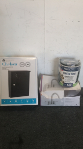 (1) Architectural Mailboxes Black Wall Mounted Mailbox (1) Allen And Roth Centerset Bath Faucet (1) Power living Exspandable Garden Hose
