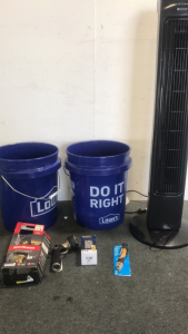 (1) Utilitech 40&rdquo; Digital Tower Fan (2) Lowes 5-Gallon Buckets (1) Kwikset Door Kit (1) Orbit Hose Nozzle (1) Eaton Power Outlet (1) ideal Dual Range ncvt tester