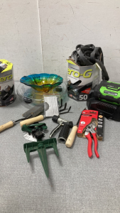 EGO 56V battery and charger, sprinkle heads, hoses and other gardening supplies