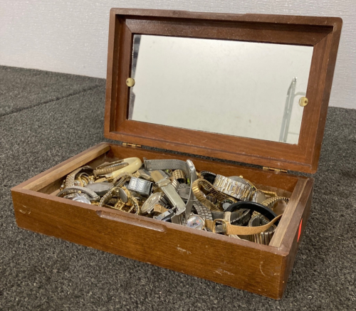 Wooden Box with Large Assortment of Watches & Parts