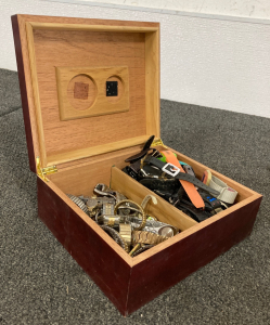 Wooden Box with Large Assortment of Watches & Parts