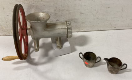 Meat Grinder & (2) Silver Plated Cream & Sugar Set