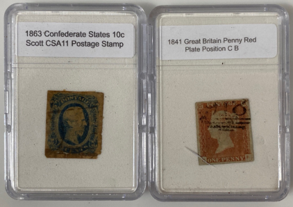 1863 & 1841 Postage Stamp & Great Britain Penny Red Plate