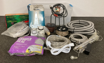 Tote Of Assorted Hardware, LED Lights, & More