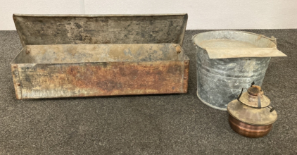 Metal Box With Hardware, Bucket, And Oil Lamp Base