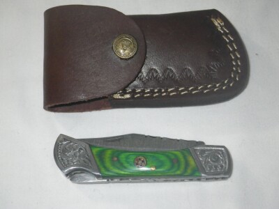 Custom Damascus Knife w/ Scrolled Bolsters & Lather Sheath