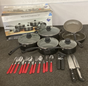 Assorted Non-Stick Cookware And Silverware