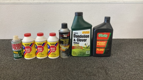 Steering Fluid, Starting Fluid, (3) Brake Fluid, Chrome Polish, and Dandelion/Clover Killer