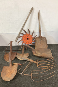 (10) Assorted Shovel Blades, Pitchforks, Rake, Short Handled Weed Cutter, Short Handled Shovel, Blades