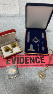 Freemasons miniature tools set, Cuff link and tie clip set, and more