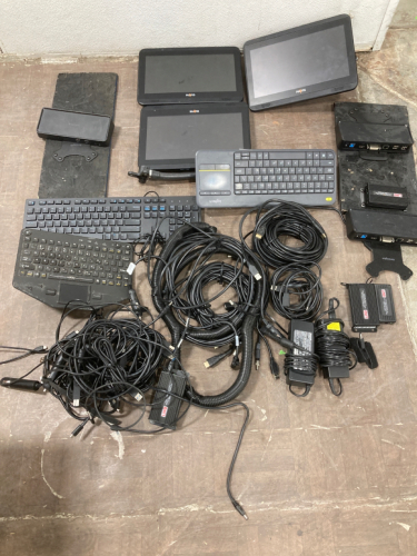 Various Police vehicle Components: (4) Monitor Screens, auto adapters, keyboards, wiring, plus more