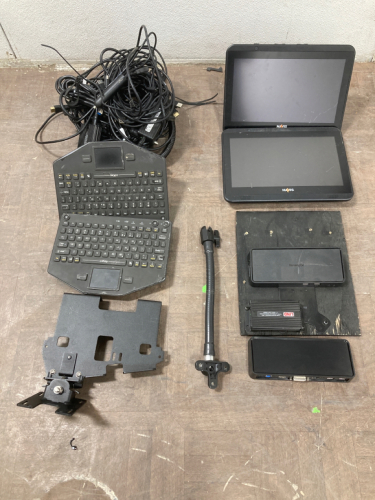 Various Police Vehicle Components: (2) Monitor/Screens, (2) Keyboards, Auto Adapters, Wiring