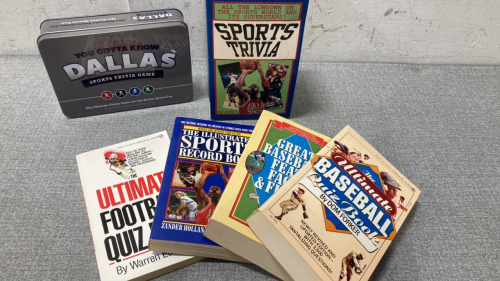 Sports trivia books and card game