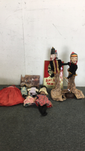 (6) Vintage Cloth Dolls (2) 19” Oriental Puppets (1) Aunt Jemima Sign